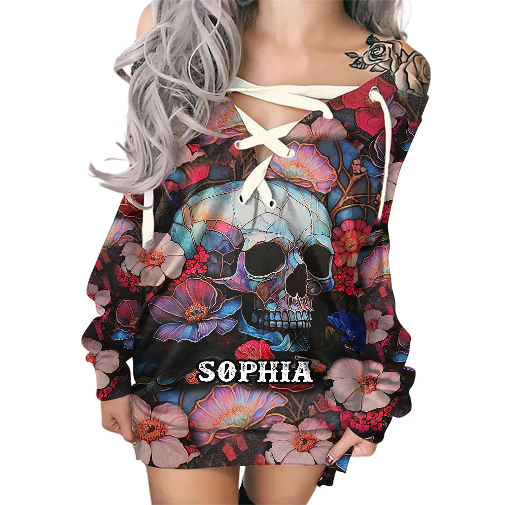 Blumen-Totenkopf - Personalisiertes Totenkopf-Schulterfreies Kleid