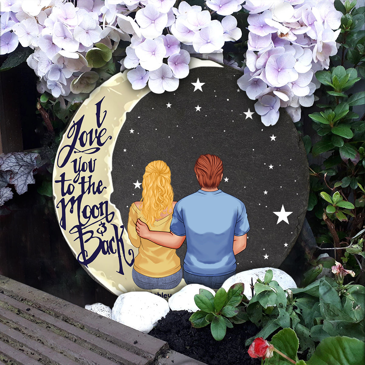 Ich liebe dich bis zum Mond und zurück – Personalisierter runder Stein für Paare