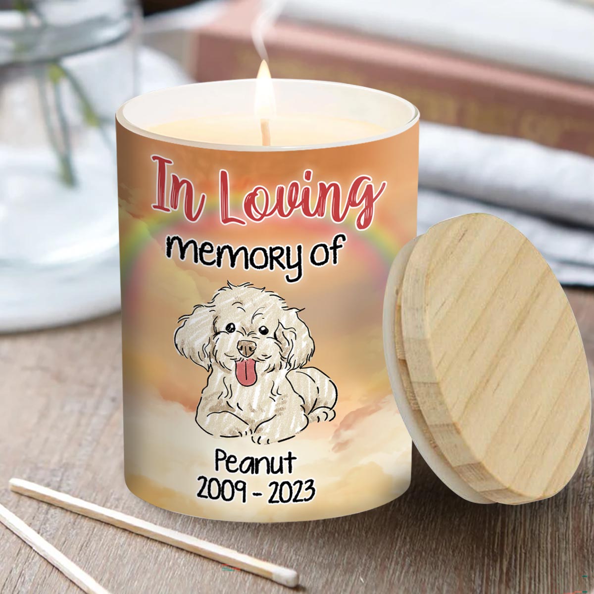 Dein Licht leuchtet in unseren Herzen – personalisierte Hundekerze mit Holzdeckel