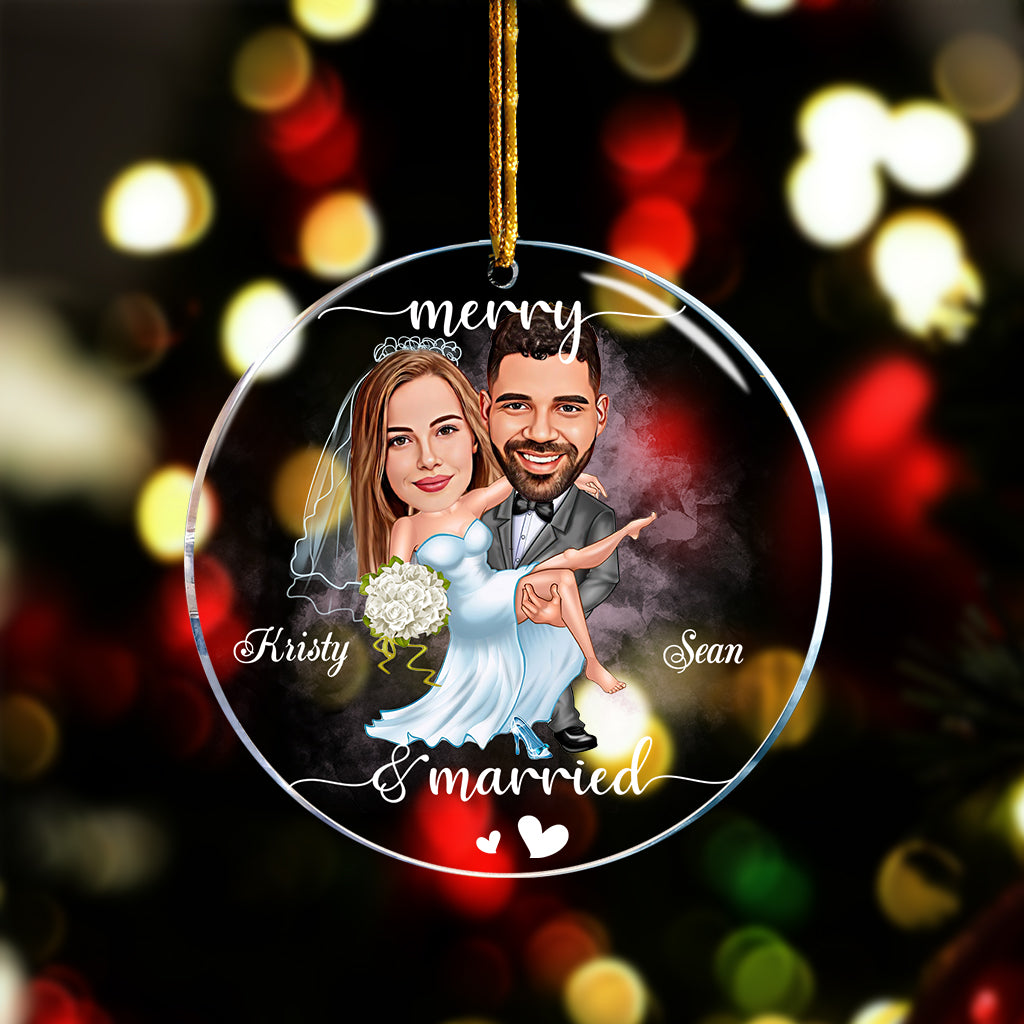 Fröhlich verheiratet – Personalisierte transparente Ornamente für Ehemann und Ehefrau