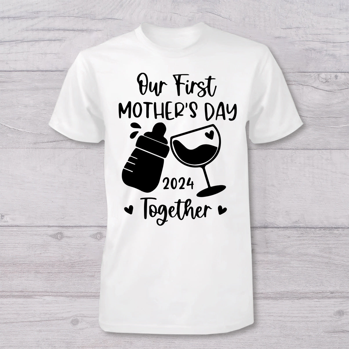 Unser erster gemeinsamer Muttertag – Milch und Wein – personalisiertes Mutter-T-Shirt und Baby-Body