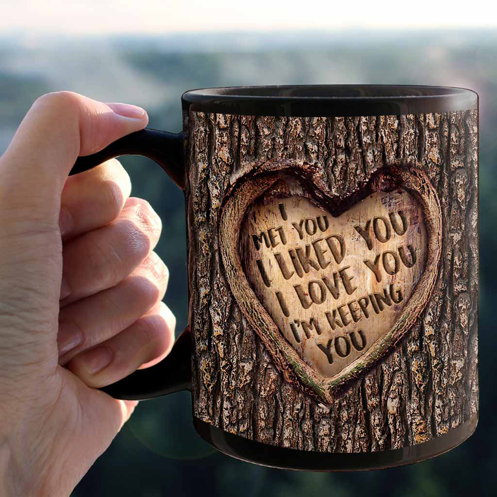 Ich habe dich kennengelernt, ich mochte dich, ich liebe dich, ich behalte dich – personalisierte Tasse für Paare