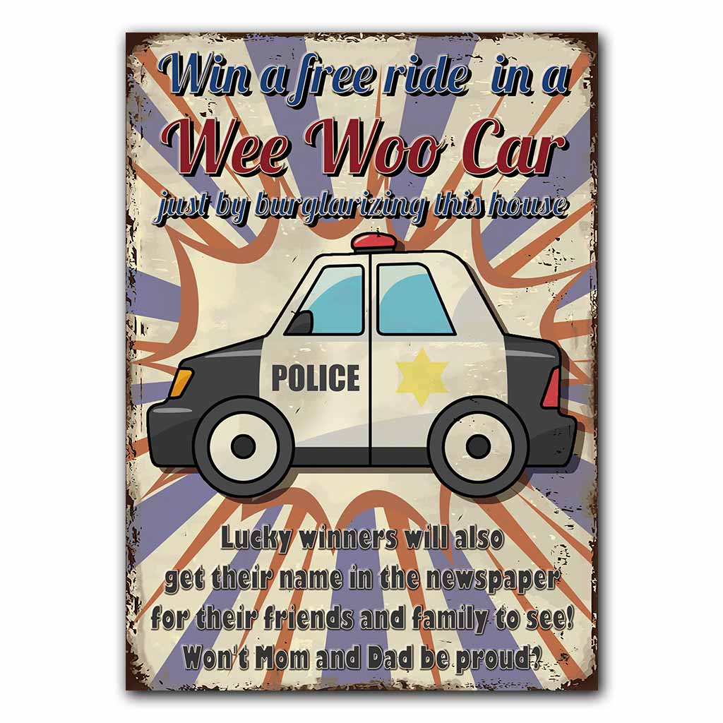 Gewinnen Sie eine Freifahrt – Rechteckiges Metallschild der Polizei