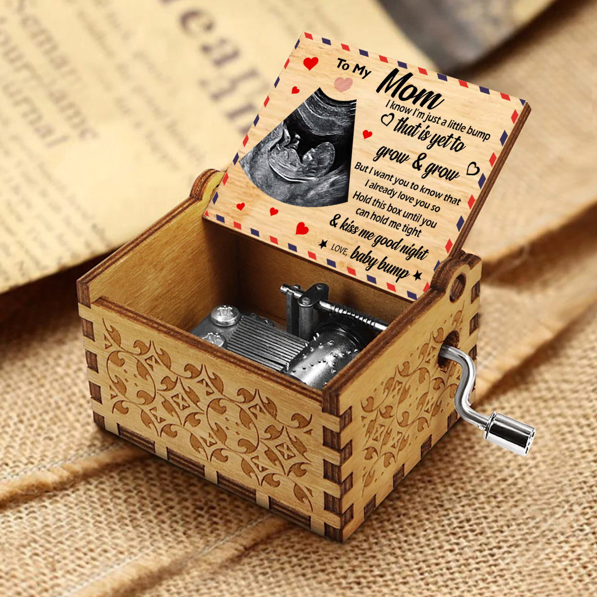 To My Mom / Dad / Grandma / Grandpa / Brother / Sister Baby Ultrasound Photo - Personalized Pregnancy Hand Crank Music Box