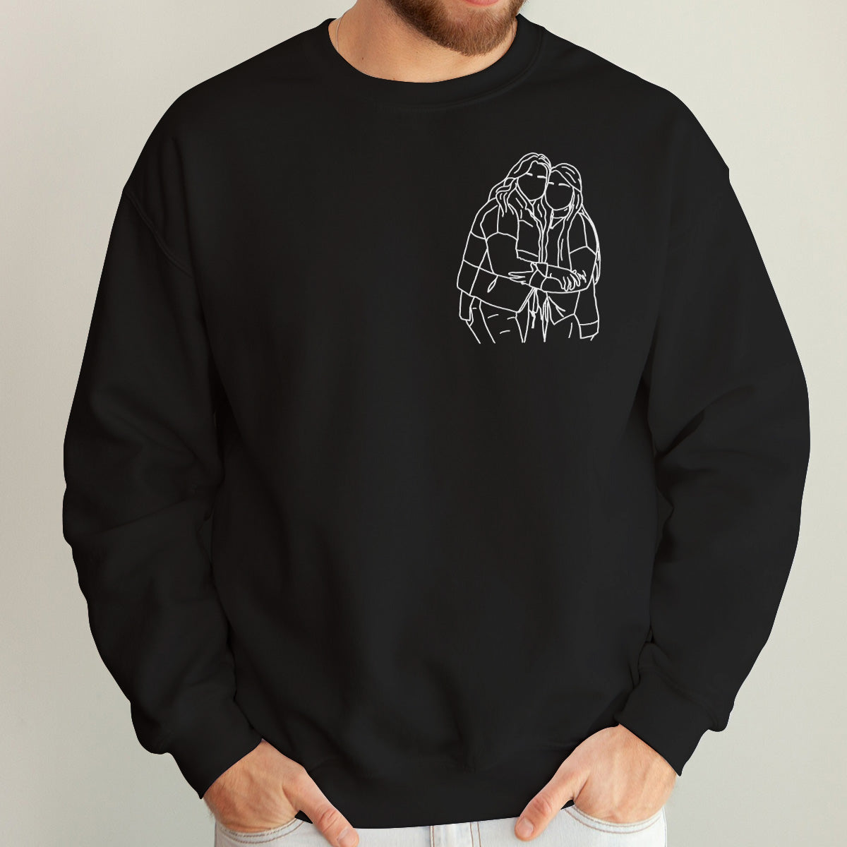 Individuelle Strichzeichnung – Personalisierter, bestickter Pullover für die beste Freundin