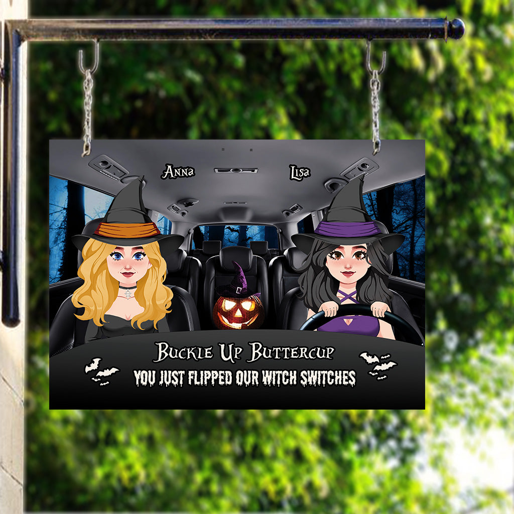 Schnalle dich an, Butterblume – Personalisiertes rechteckiges Hexen-Metallschild