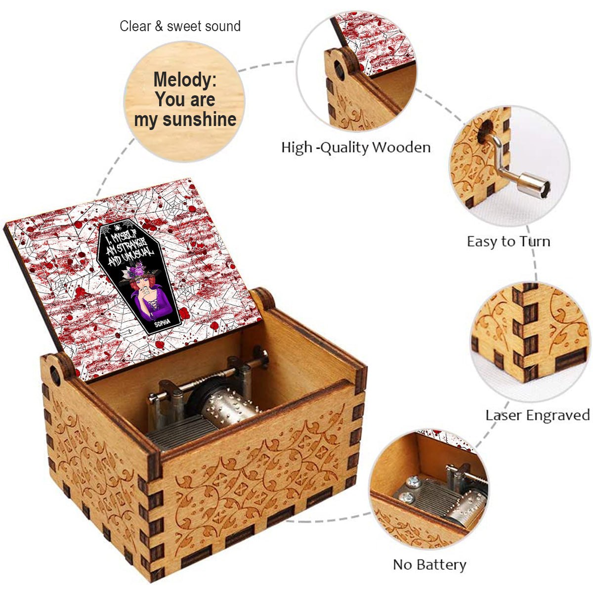 Ich selbst bin seltsam und ungewöhnlich – Personalisierte Hexen-Spieluhr mit Handkurbel