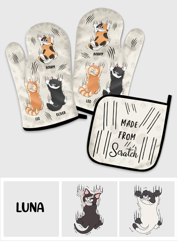 Handgemachtes Set aus personalisierten Topflappen und Ofenhandschuhen mit Katzenmotiv