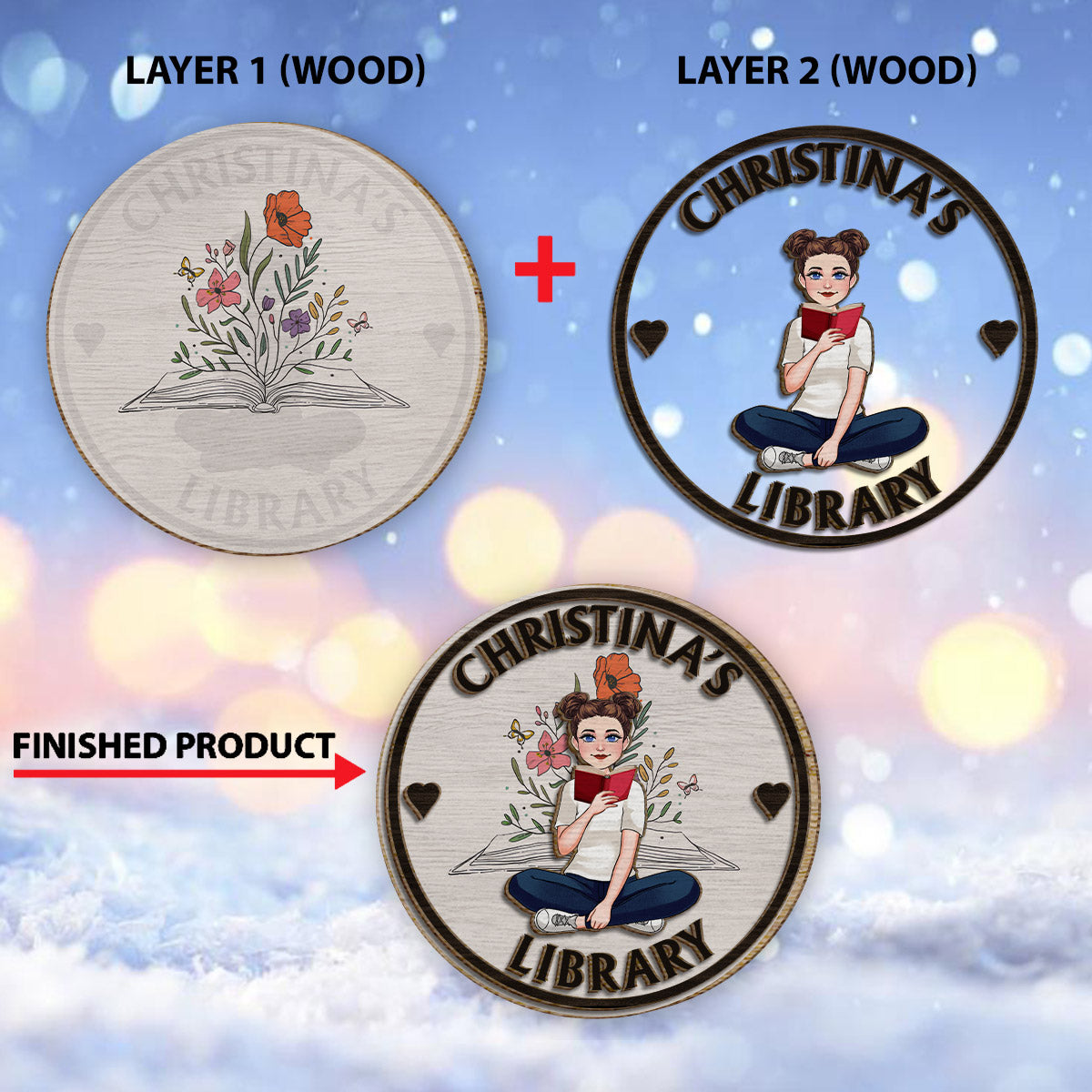 Meine Bibliothek – Personalisiertes Buch, 2-lagiges Holzschild / Holzplakette