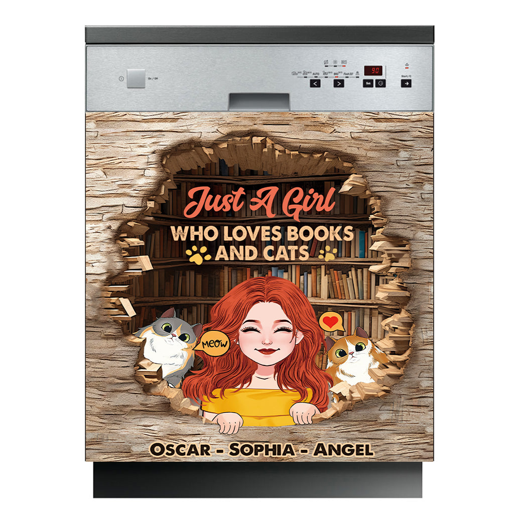 Liebe Bücher und Katzen – Personalisierter Geschirrspüler-Buchdeckel