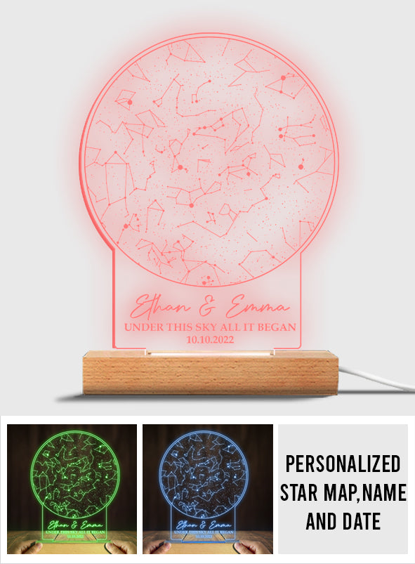 Unter diesem Himmel begann alles – personalisierte Leuchte mit Plakettensockel in Form eines Ehepaares