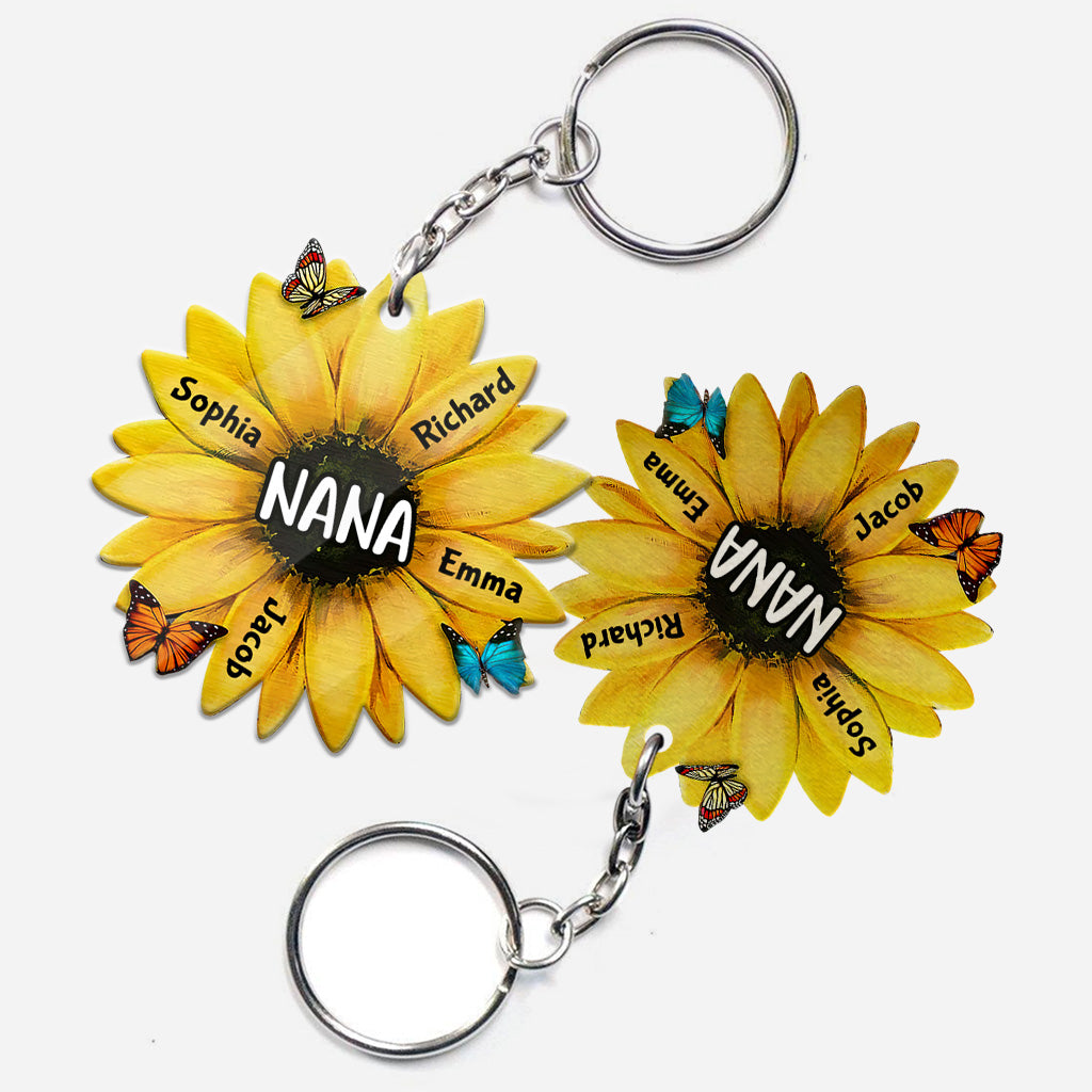 Oma Sonnenblume – Personalisierter Oma-Schlüsselanhänger zum Muttertag (beidseitig bedruckt)
