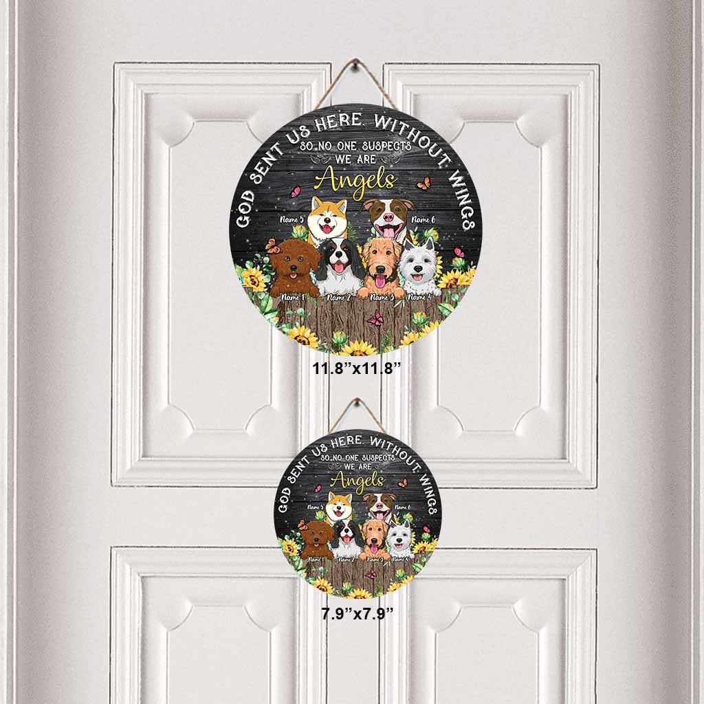 Gott hat uns ohne Flügel hierher geschickt – Personalisiertes rundes Holzschild für Hunde