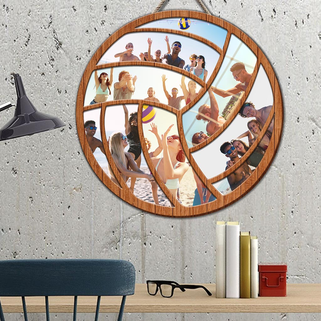 Fotocollage als Geschenk für Volleyballspieler – Personalisiertes rundes Volleyball-Holzschild