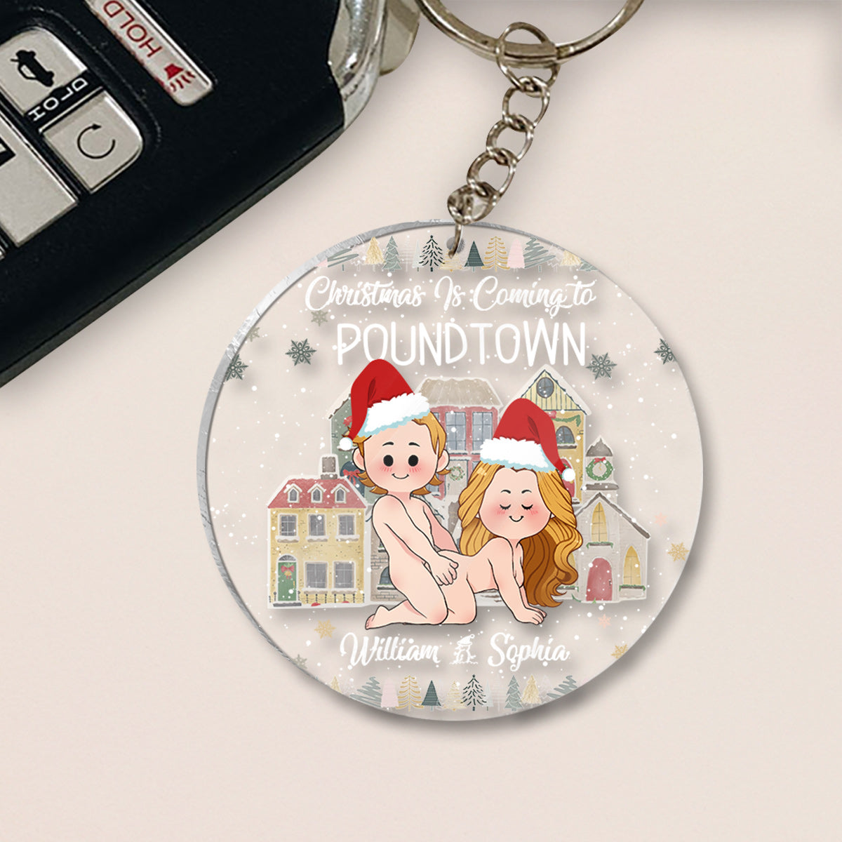 Weihnachten naht in Poundtown – Geschenk für Freund, Freundin, Ehefrau, Ehemann – Personalisierter transparenter Schlüsselanhänger