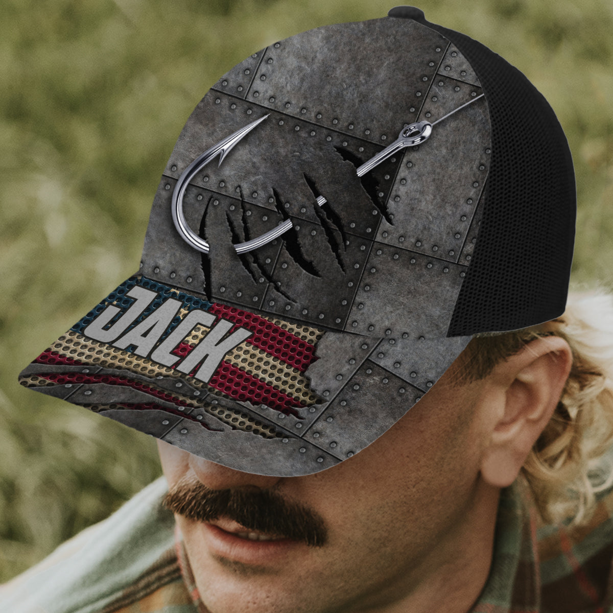 Rot-Weiß-Blaue Angler - Personalisierte Angel-Truckerkappe (Schwarzes Netzgewebe)
