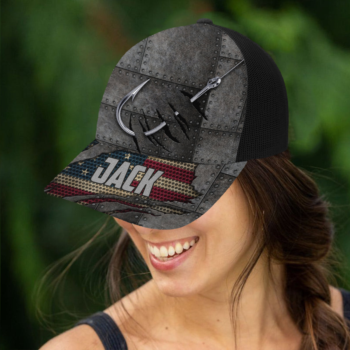 Rot-Weiß-Blaue Angler - Personalisierte Angel-Truckerkappe (Schwarzes Netzgewebe)