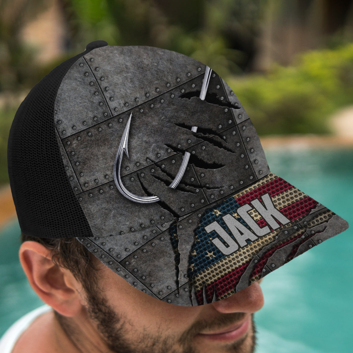 Rot-Weiß-Blaue Angler - Personalisierte Angel-Truckerkappe (Schwarzes Netzgewebe)