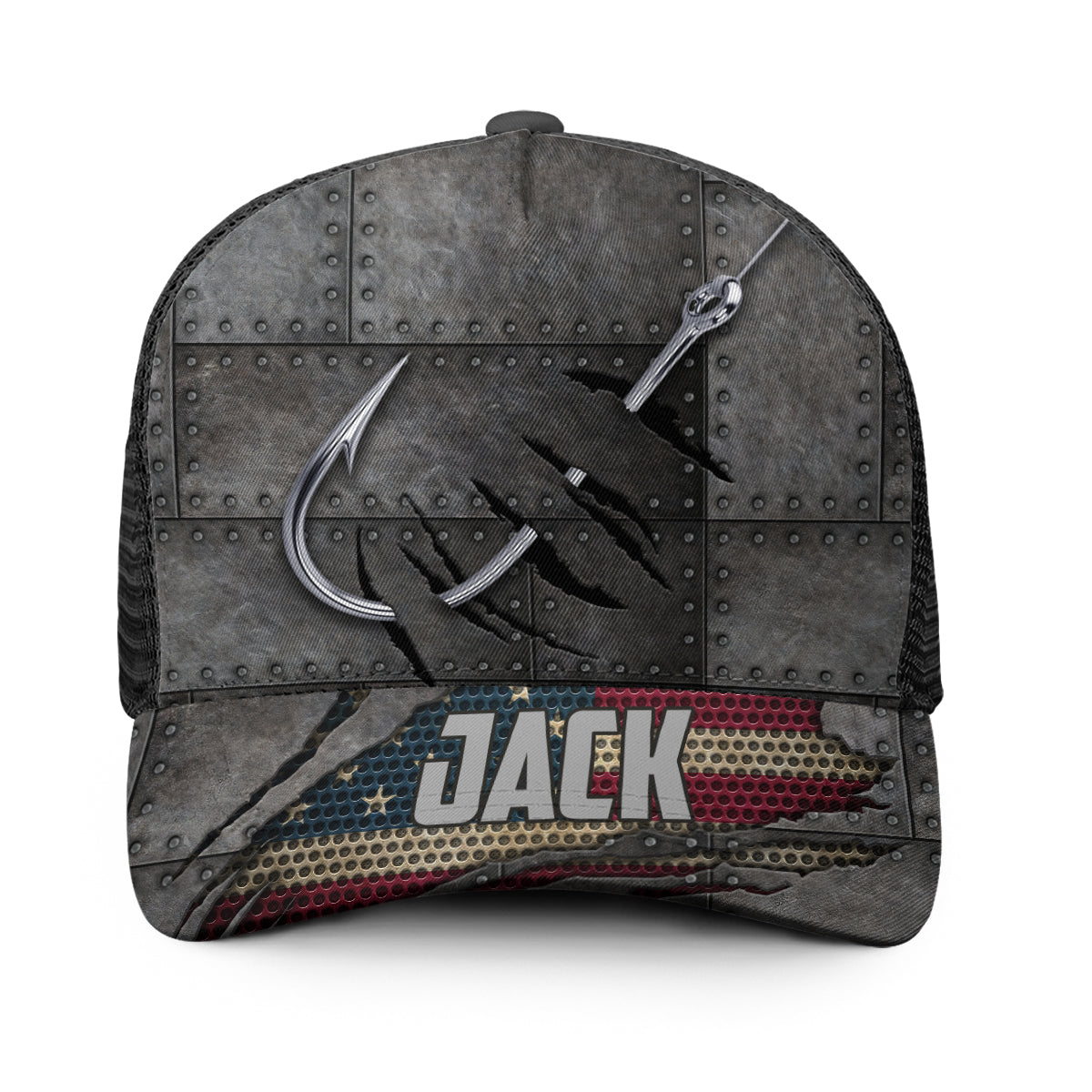 Rot-Weiß-Blaue Angler - Personalisierte Angel-Truckerkappe (Schwarzes Netzgewebe)