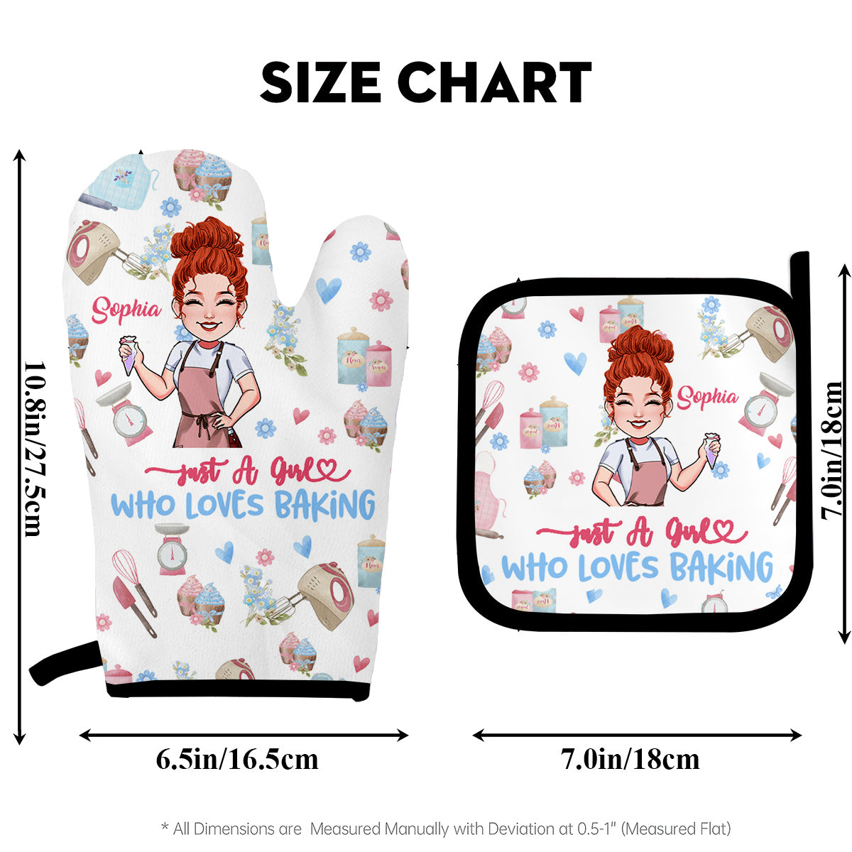 Einfach ein Mädchen, das Backen liebt – Personalisiertes Set aus Ofenhandschuhen und Topflappen