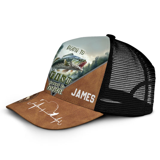 Born To Fish Forced To Work - Personalized Fishing Trucker Hat (Black Mesh)