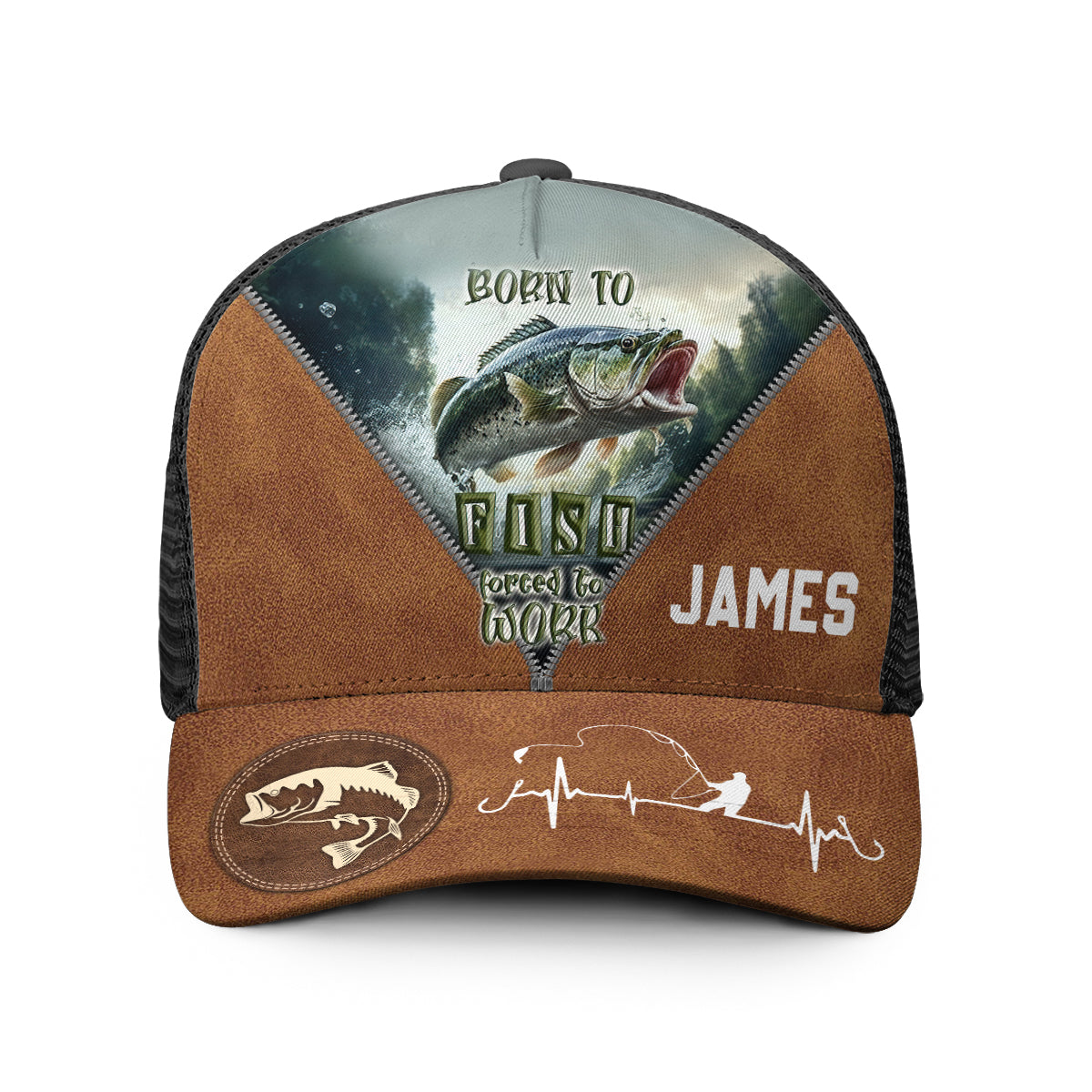 Zum Angeln geboren, zum Arbeiten gezwungen – Personalisierte Angel-Truckerkappe (Schwarzes Netzgewebe)