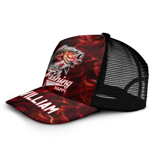 Fishing Makes Me Happy - Personalized Fishing Trucker Hat (Black Mesh)