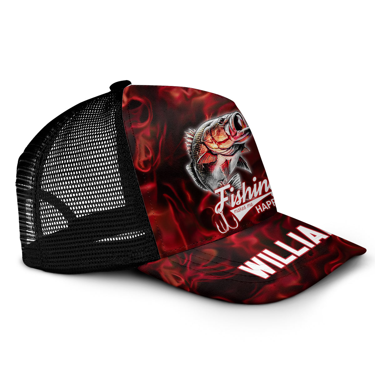 Angeln macht mich glücklich – Personalisierte Angel-Truckerkappe (Schwarzes Netzgewebe)