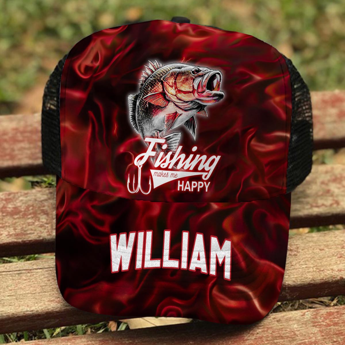 Angeln macht mich glücklich – Personalisierte Angel-Truckerkappe (Schwarzes Netzgewebe)