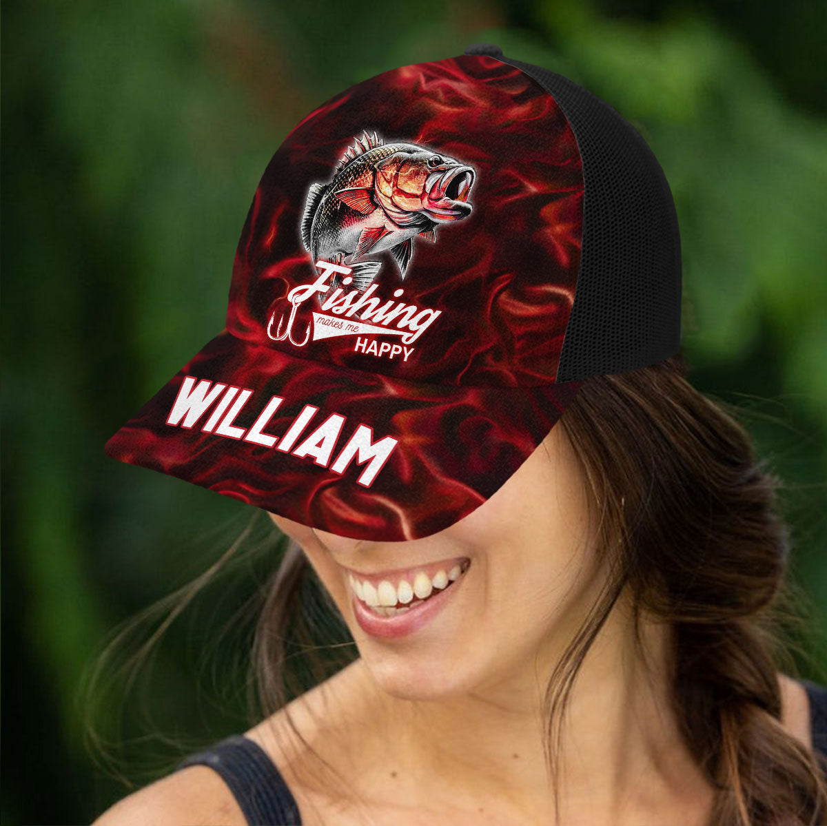 Angeln macht mich glücklich – Personalisierte Angel-Truckerkappe (Schwarzes Netzgewebe)