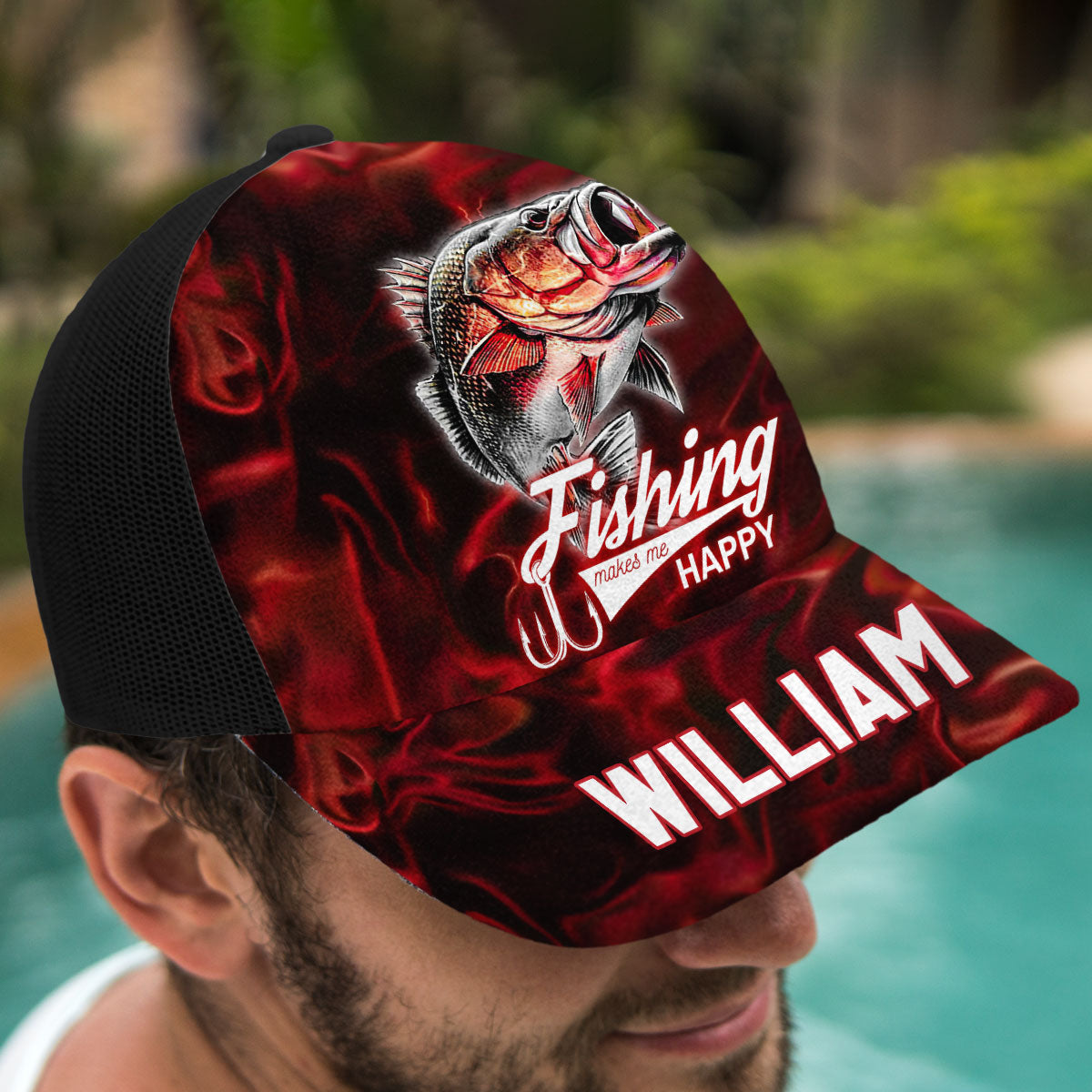 Angeln macht mich glücklich – Personalisierte Angel-Truckerkappe (Schwarzes Netzgewebe)