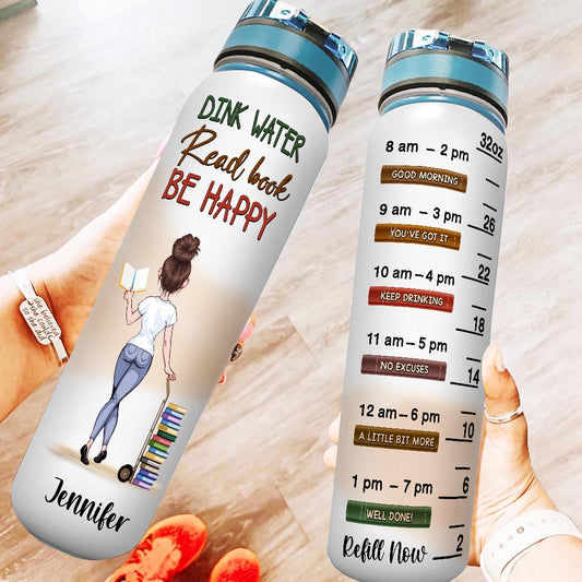 Trink Wasser, lies ein Buch, sei glücklich – Buchgeschenk für Mama, Tochter, Freundin, Ehefrau, Freundin – Personalisierte Trinkflasche mit Wasserzähler