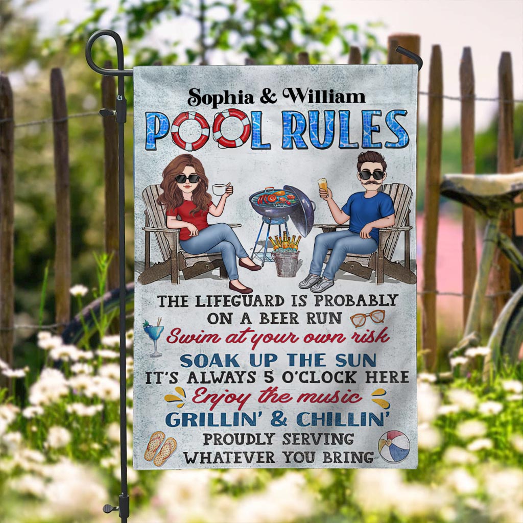 Poolregeln – Baden auf eigene Gefahr – Personalisierte Gartenflagge