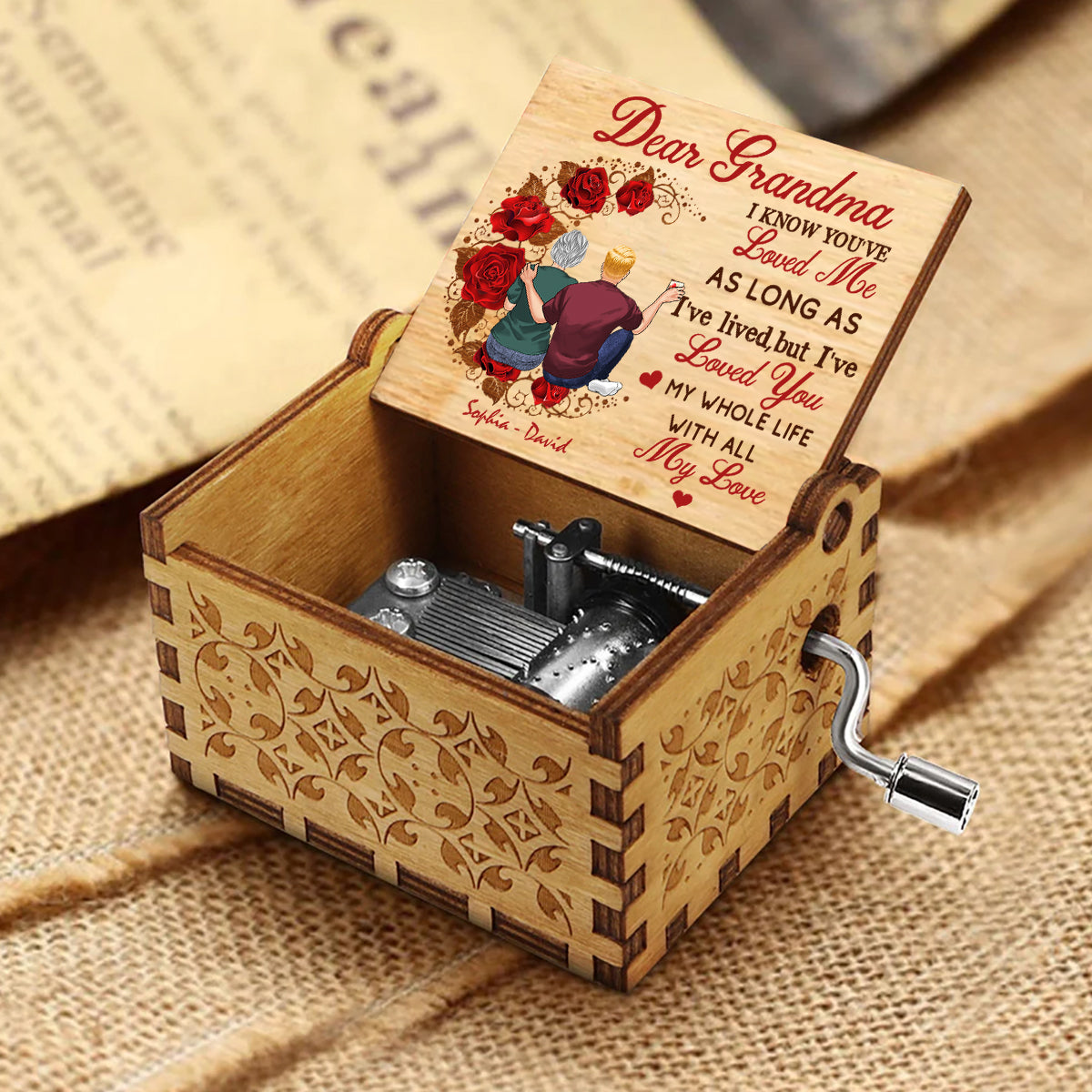 Mama, ich hab dich lieb – Geschenk für Mama, Oma, Ehemann, Ehefrau, Tante, Schwester, Bruder – Personalisierte Spieluhr mit Handkurbel
