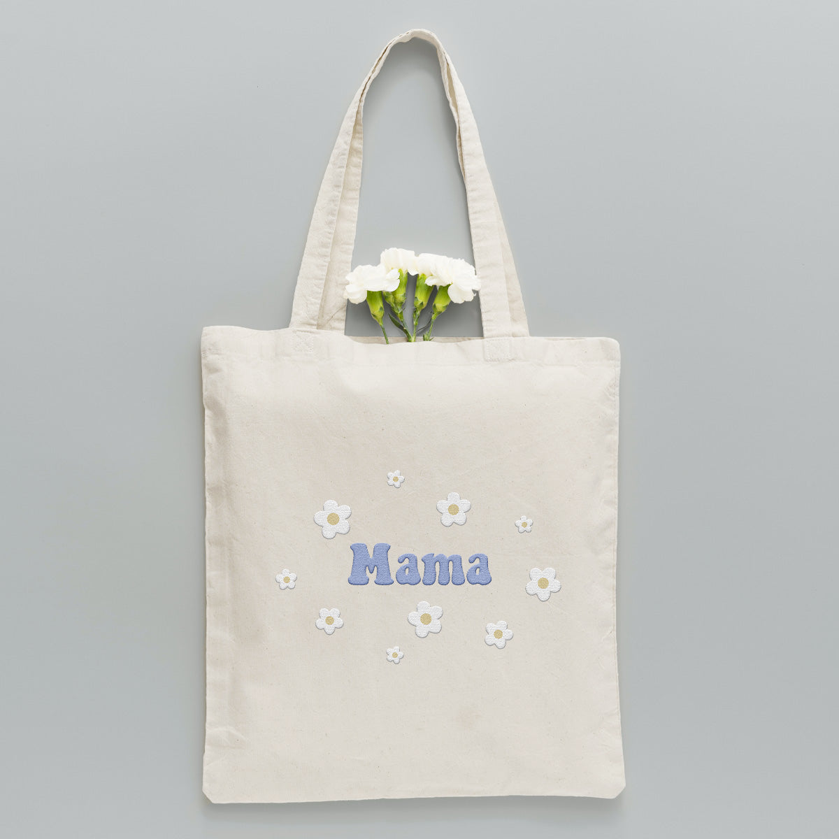 Personalisierte Tragetasche mit Namensstickerei und Blume – Individuelle Mutter-Stickerei