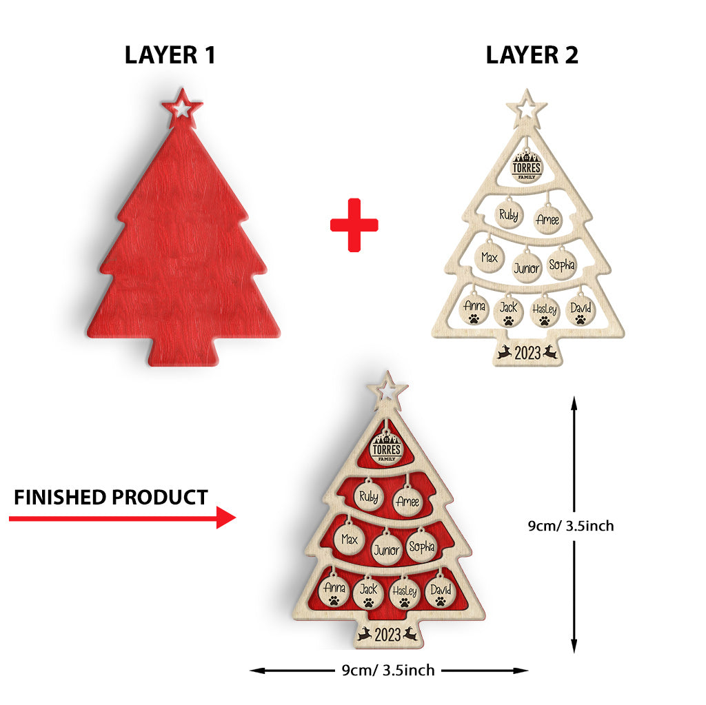 Weihnachtsbaum mit Familiennamen in vielen Farben – personalisierter, mehrlagiger Holzschmuck für die Familie