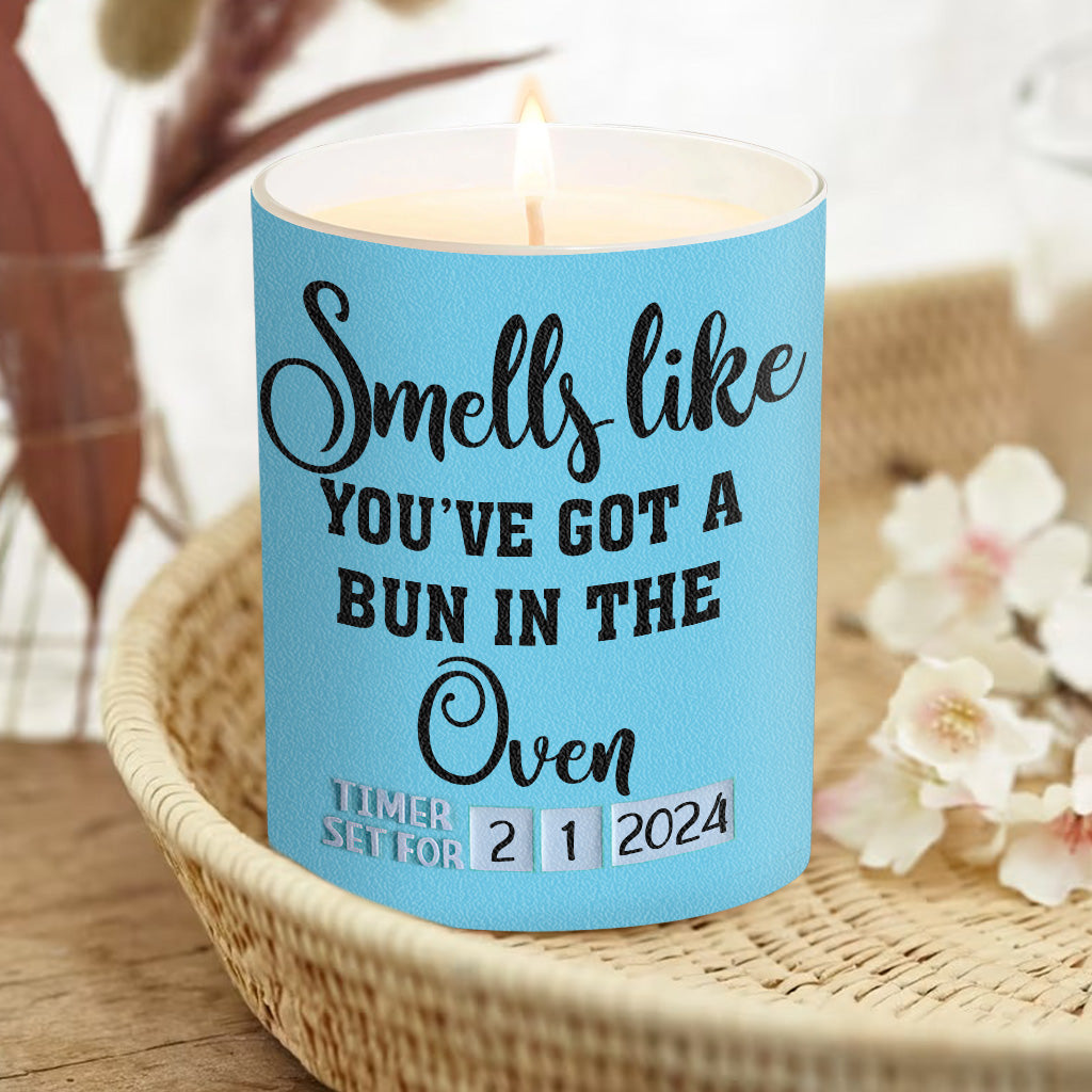 Smells Like You've Got A Bun In The Oven - Pregnancy gift for wife - Personalized Candle With Wooden Lid
