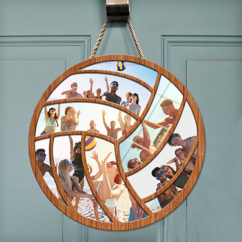 Fotocollage als Geschenk für Volleyballspieler – Personalisiertes rundes Volleyball-Holzschild