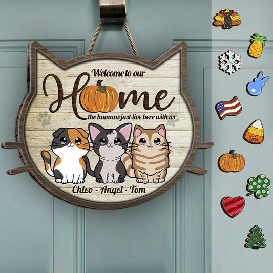 Willkommen in unserem Zuhause – Personalisiertes, austauschbares Holzschild mit Katzenmotiv