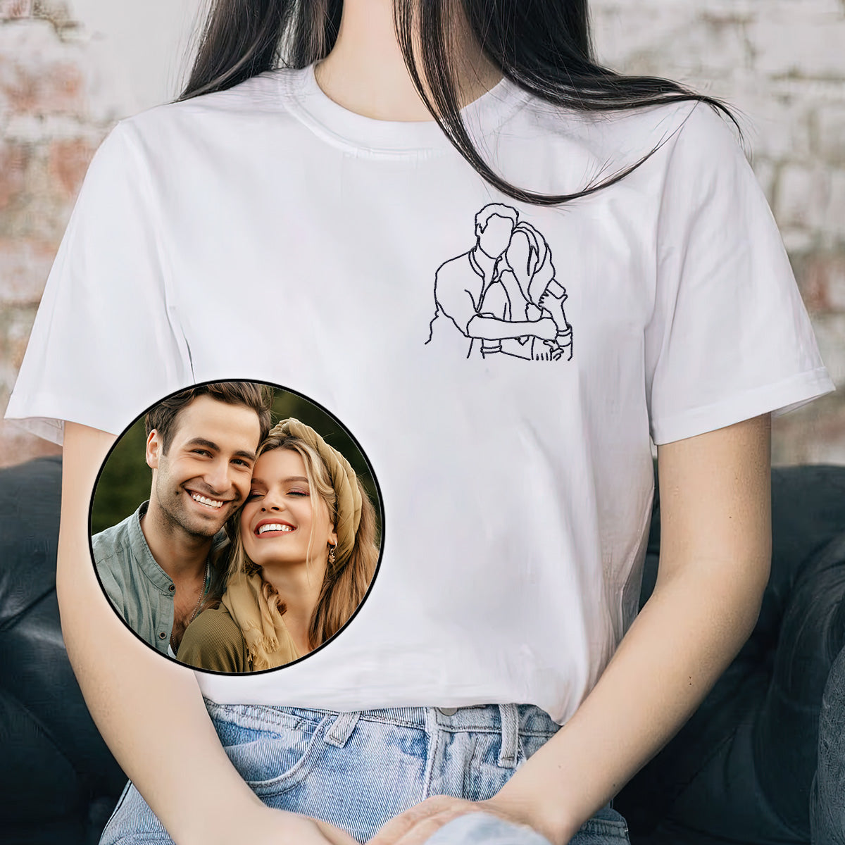 Individuelle Linienzeichnung – Personalisiertes, besticktes T-Shirt für Paare