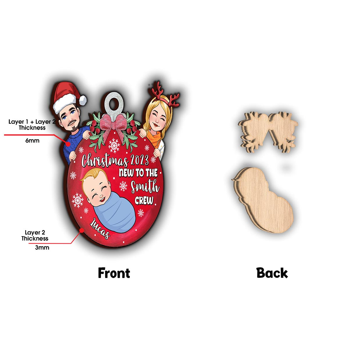 New To The Crew - Personalized Newborn 2 Layered Piece Ornament