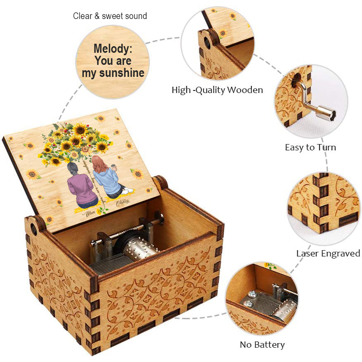 Du bist mein Sonnenschein – Personalisierte Spieluhr mit Handkurbel für Mütter