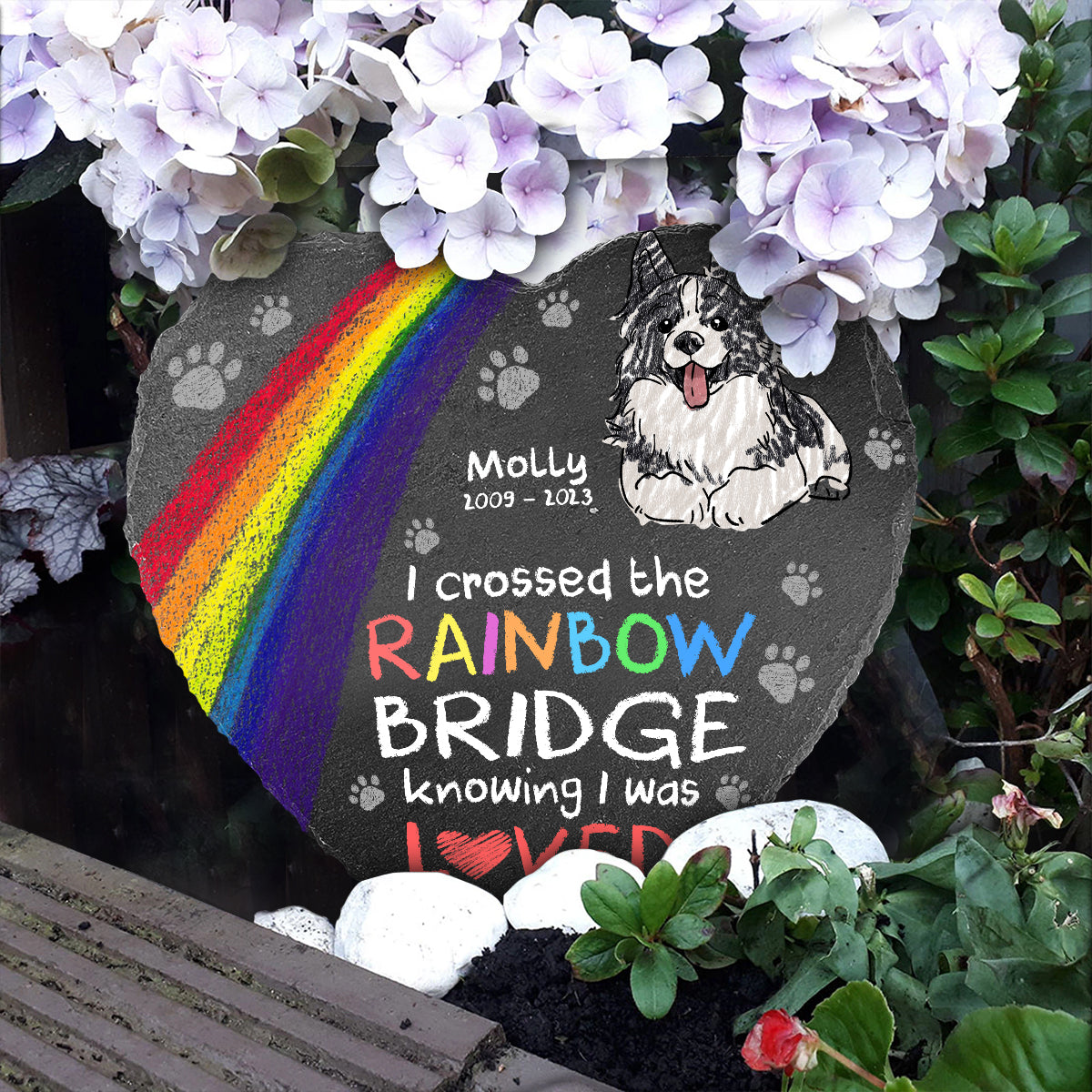 Ich habe den Regenbogen überquert – Geschenk für Hundebesitzer und Katzenbesitzer – Personalisierter herzförmiger Stein