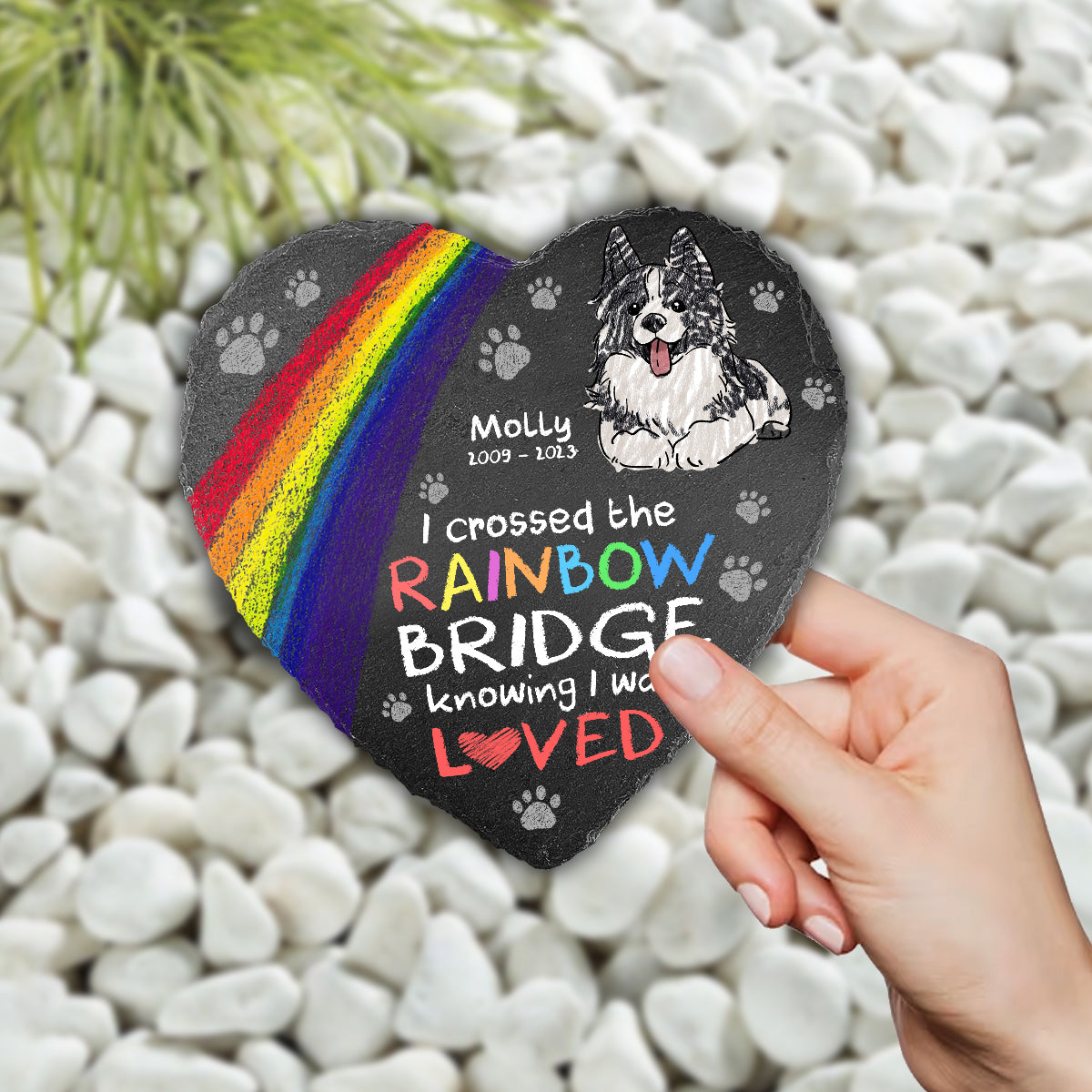 Ich habe den Regenbogen überquert – Geschenk für Hundebesitzer und Katzenbesitzer – Personalisierter herzförmiger Stein