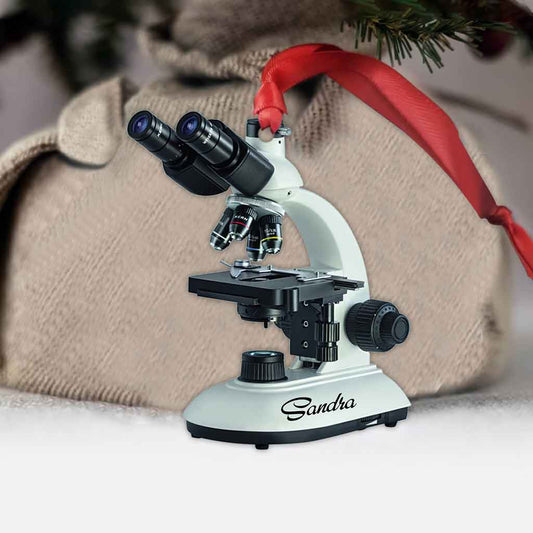 Mikroskop mit Weihnachtsbeleuchtung – personalisierter medizinisch-technischer Weihnachtsschmuck (beidseitig bedruckt)