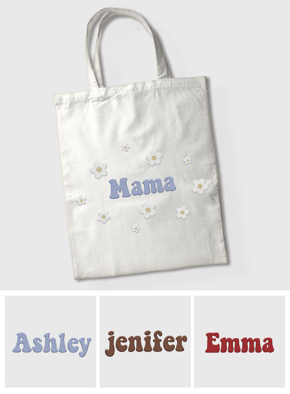 Personalisierte Tragetasche mit Namensstickerei und Blume – Individuelle Mutter-Stickerei