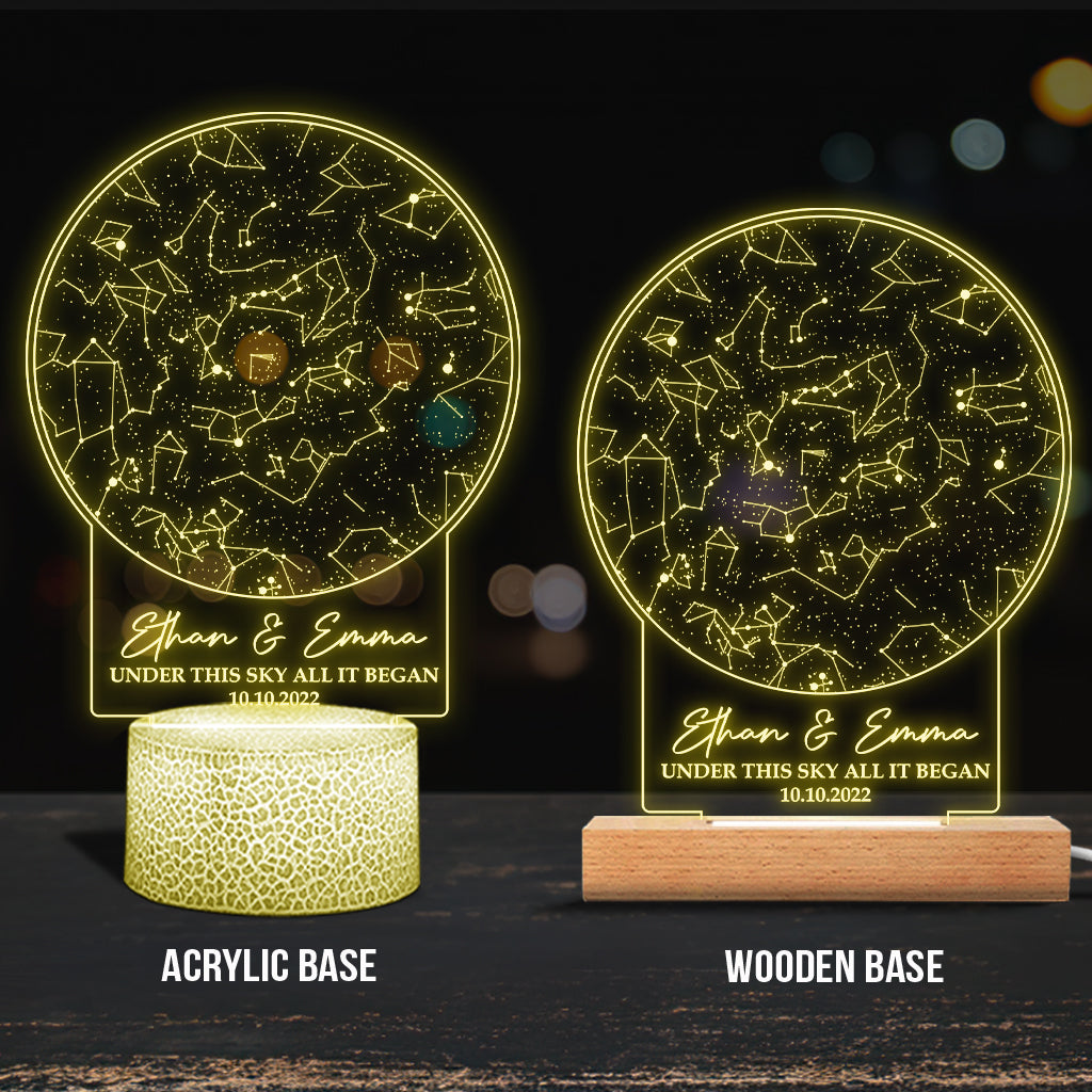 Unter diesem Himmel begann alles – personalisierte Leuchte mit Plakettensockel in Form eines Ehepaares