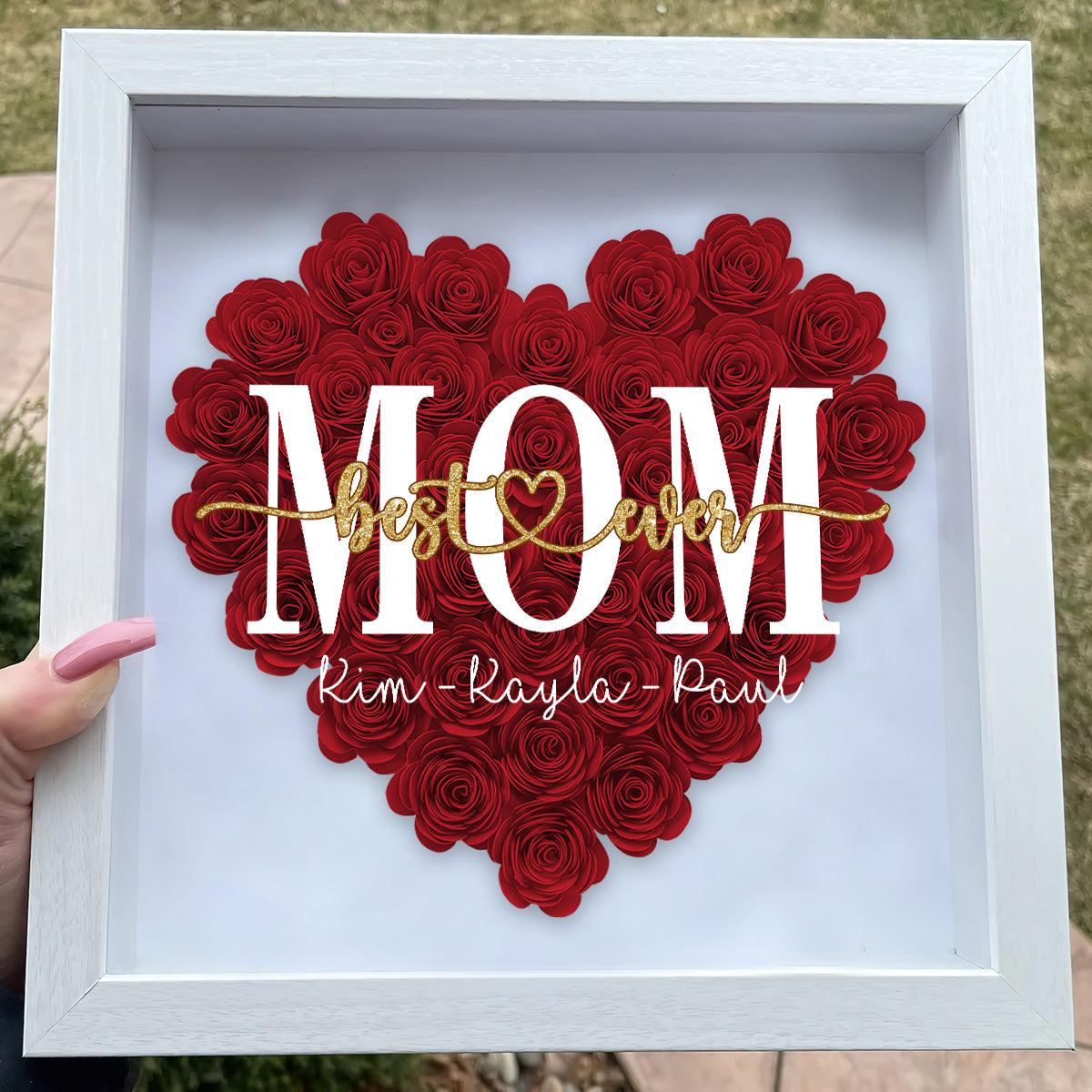 Beste Mama der Welt – Geschenk für Mama, Oma, Opa, Papa, Tante, Schwester – Personalisierte Blumen-Schattenbox