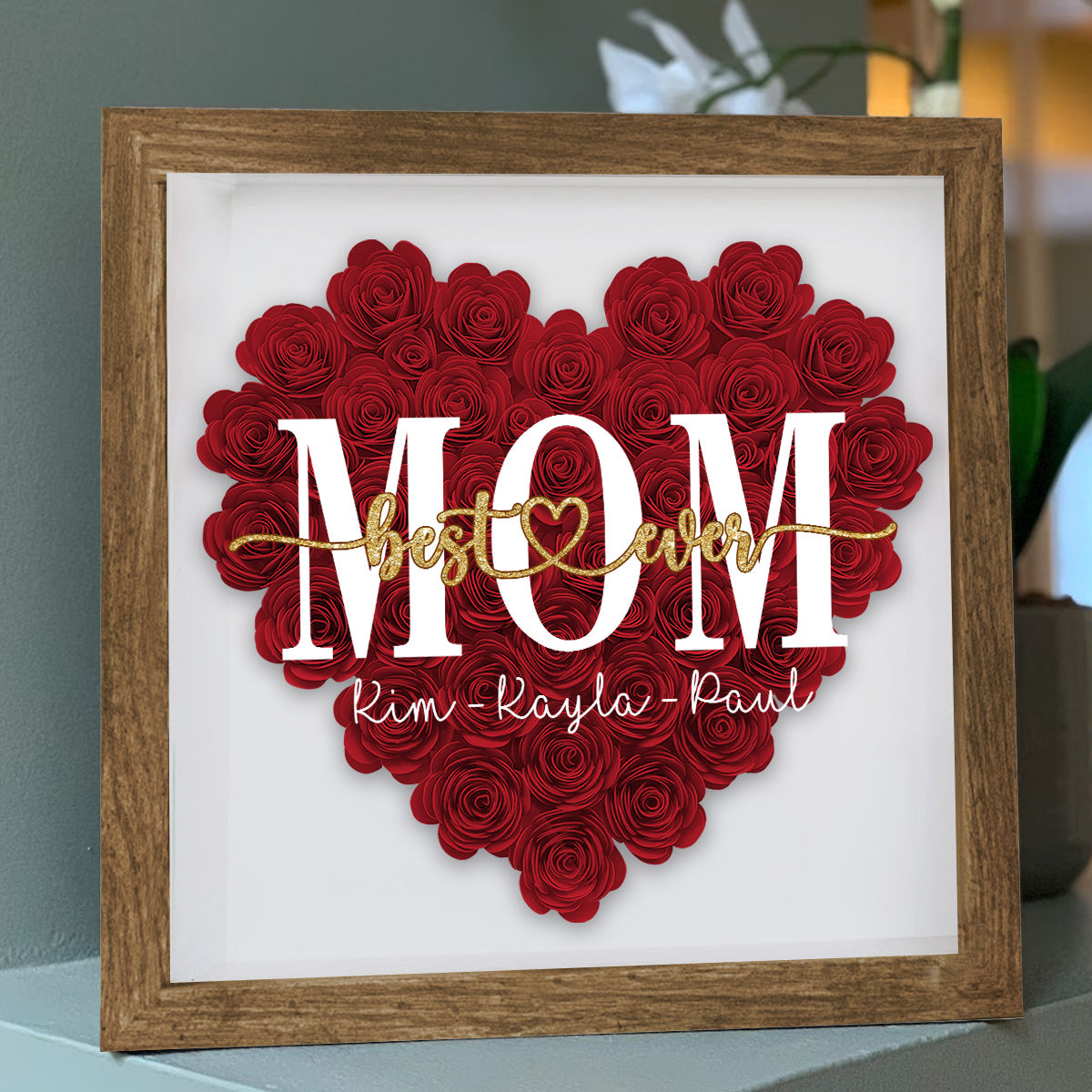 Beste Mama der Welt – Geschenk für Mama, Oma, Opa, Papa, Tante, Schwester – Personalisierte Blumen-Schattenbox