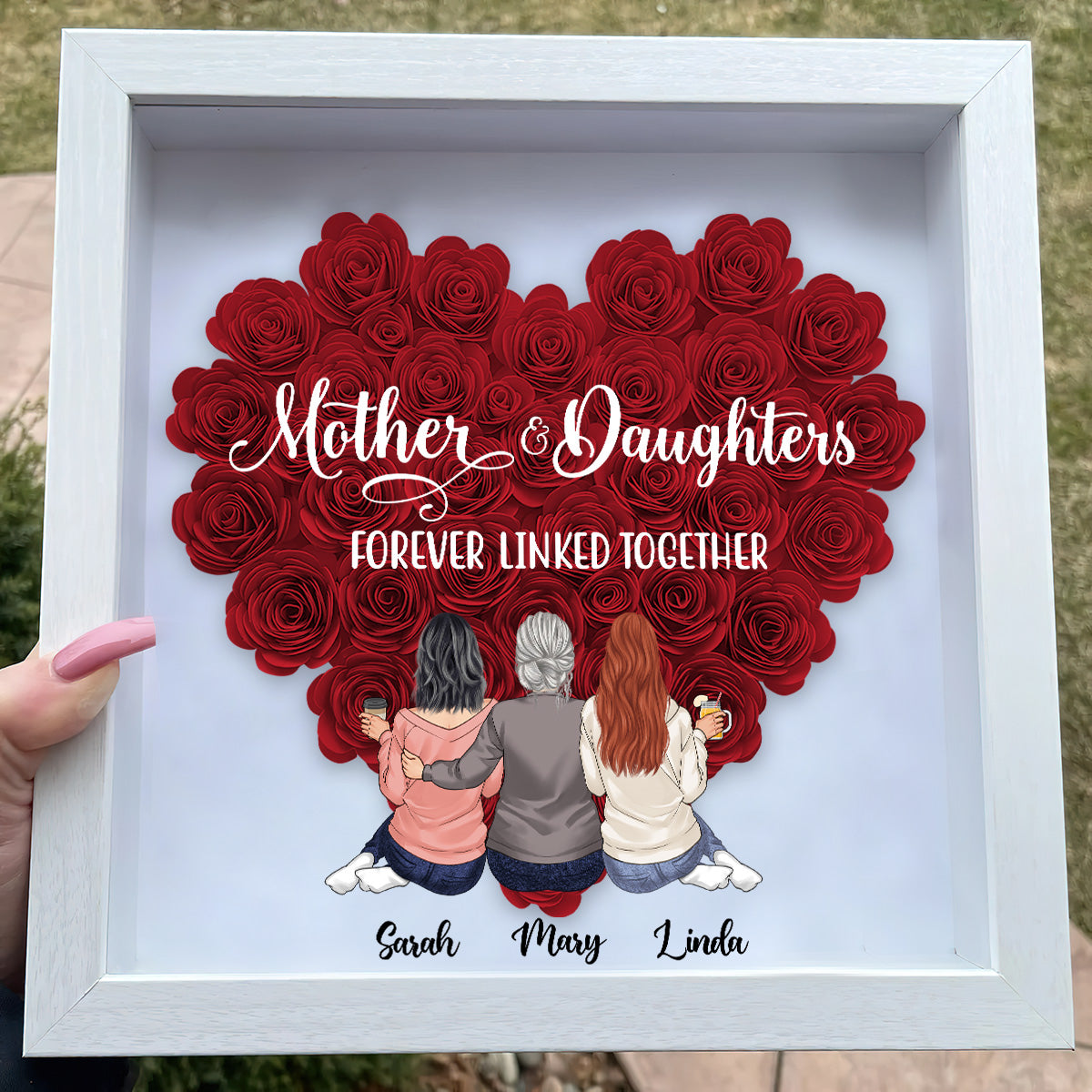 Mutter und Töchter – Geschenk für Mama, Tochter, Sohn – Personalisierte Blumen-Schattenbox
